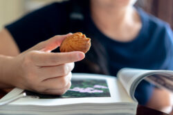 Un bambino legge un libro mentre mangia un biscotto