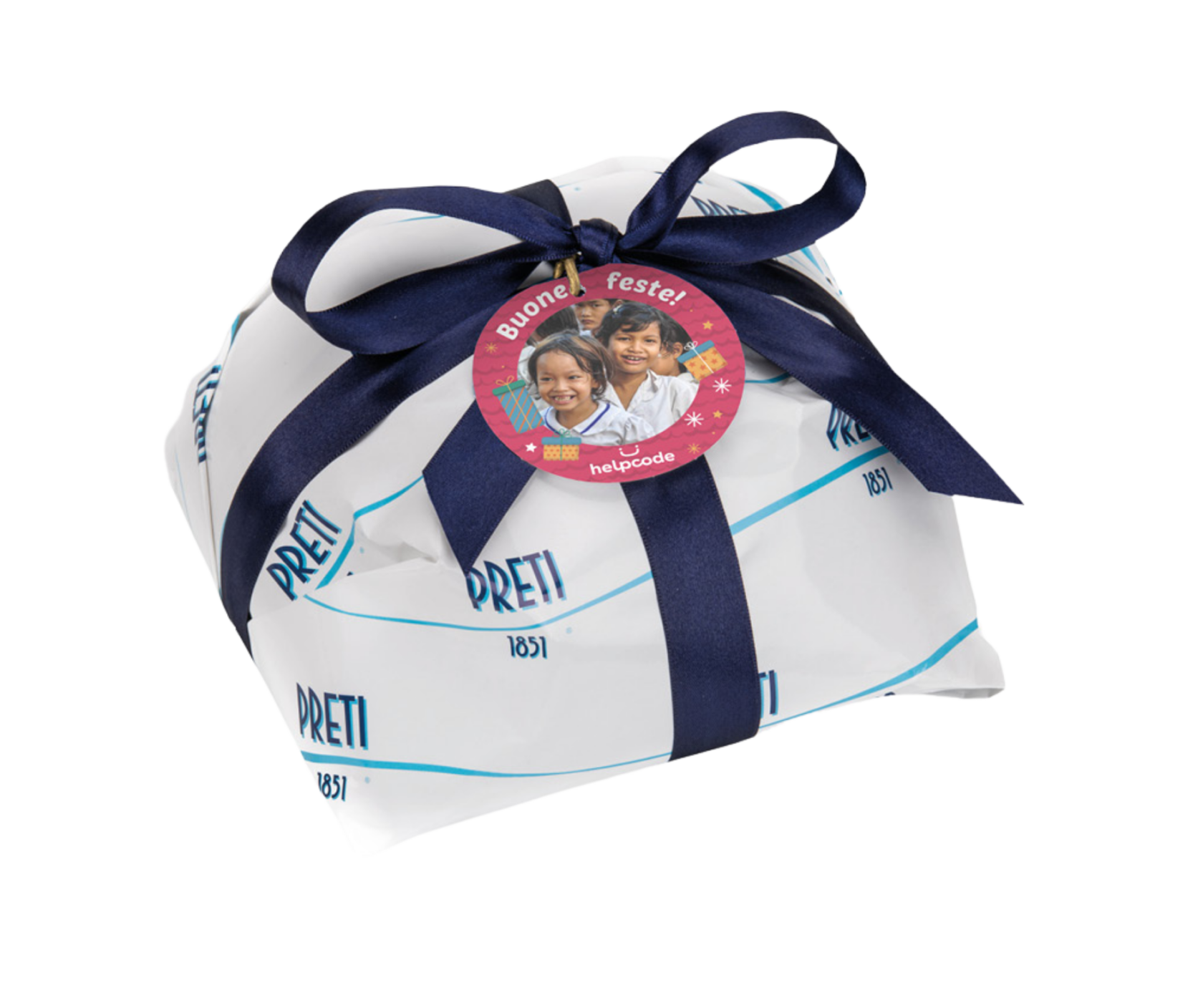 Natale solidale con il Pandolce Preti con biglietto d'auguri Helpcode personalizzabile che diventa una pallina per l'albero