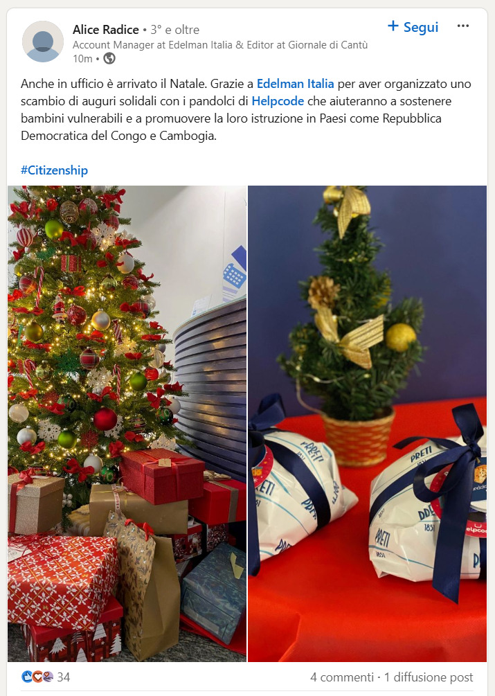 Post LinkedIn di Alice Radice dipendente di Edelman Italia testimonianza dell'impatto del Natale solidale